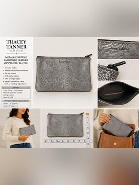 Tracey Tanner Metallic Reptile Embossed Leather Zip Pouch Clutch Silver Gray
